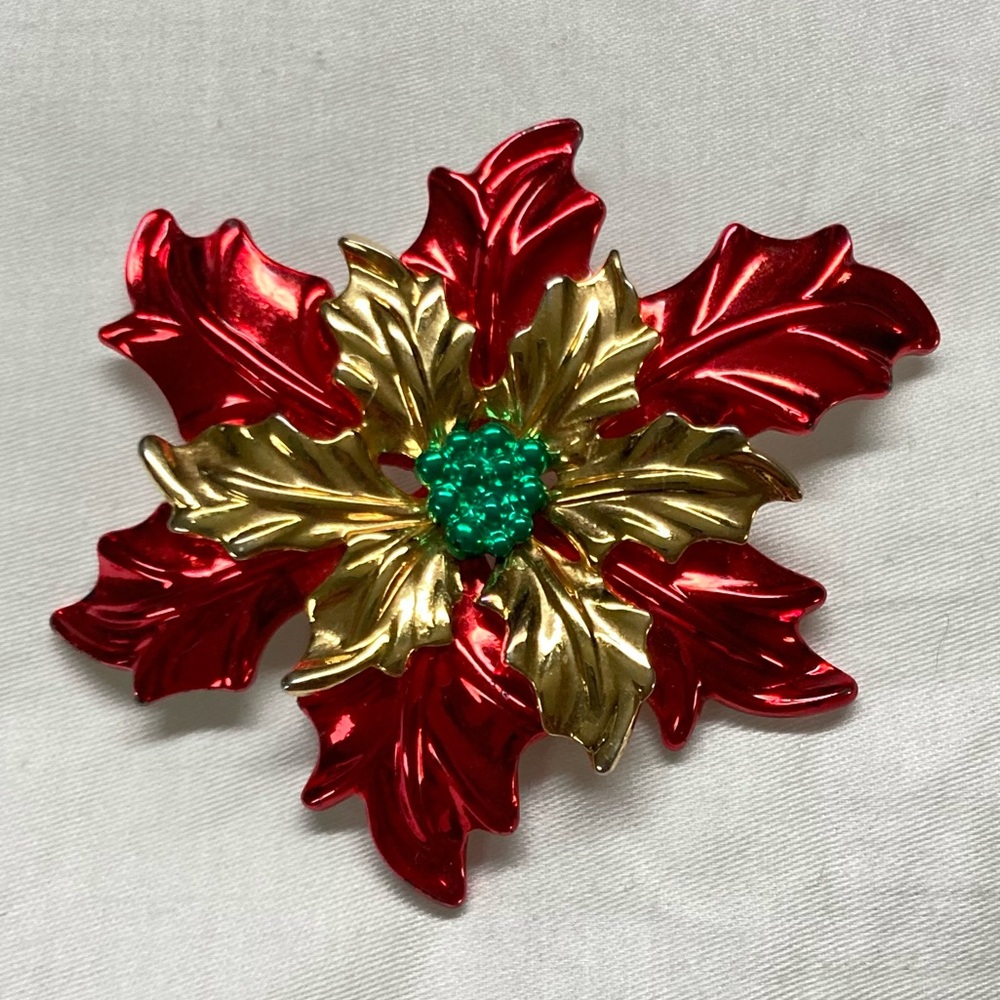 Vintage Metallic Poinsettia brooch/Pendant Red Gold Green 2.5"